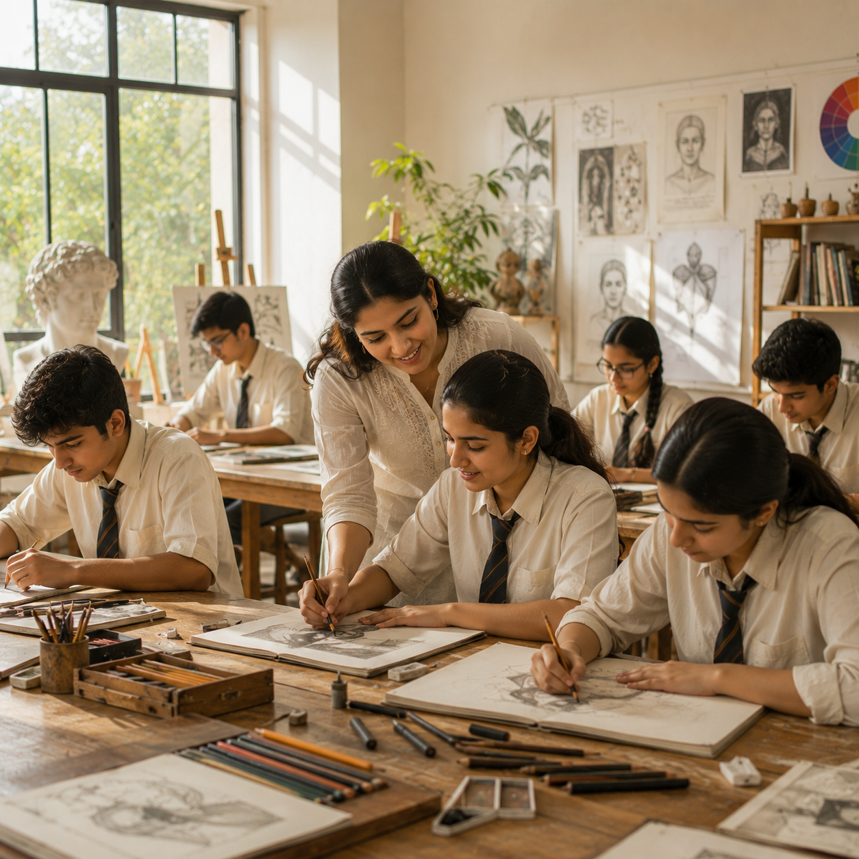 Classroom of young students engaged in fine arts education